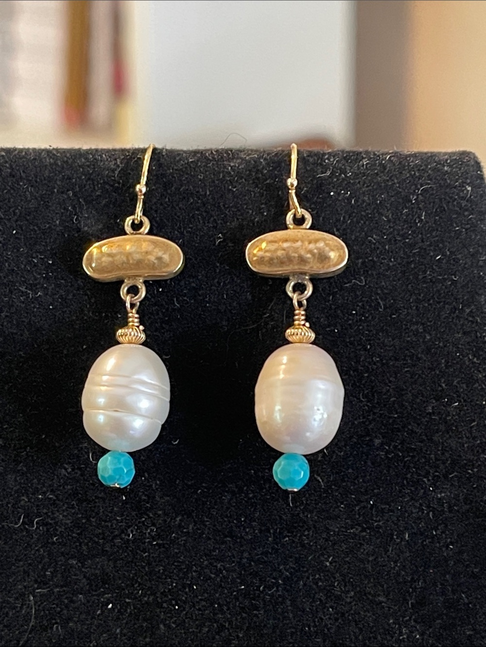 Gold Pearl Drop Earrings with Turquoise Accent